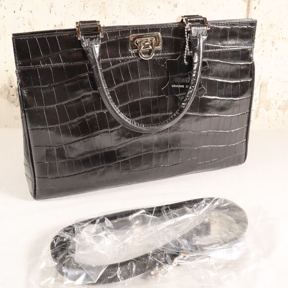 Danier Genuine Leather Purse Handbag Black Crocodile Print 12" X 9" Brand New - Picture 1 of 6